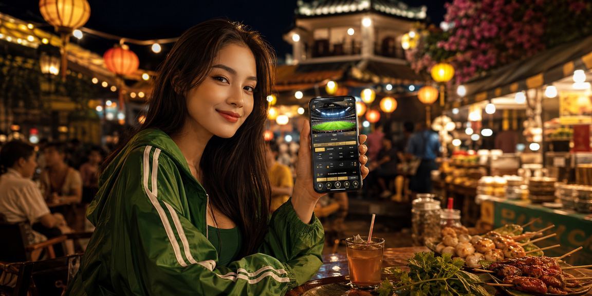 Người dùng Đà Lạt xem kèo bóng đá trên smartphone tại quán cà phê với khung cảnh mờ sương